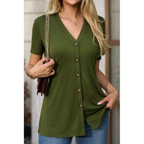 Kadın Kısa Kollu V Yakalı önü Düğmeli Viskon Bluz