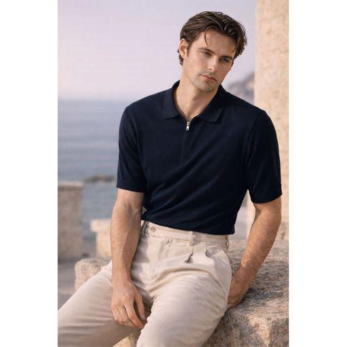 Linus Fermuarlı Polo Yaka Kısa Kollu İnce Triko Erkek T-Shirt - Lacivert