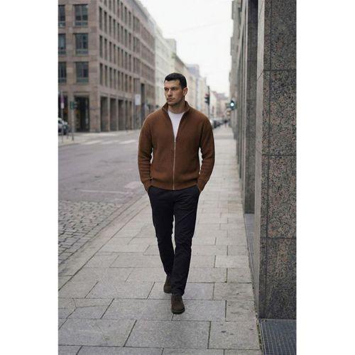 Woody Oversize Selanik Örme Fermuarlı Erkek Hırka- Kahve