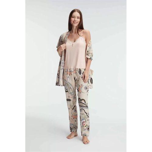 İp Askılı V Yaka Viskon Çiçek Desenli Yazlık Dantel Detaylı Pijama Sabahlık Takımı
