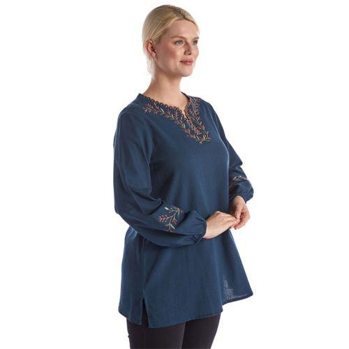 Şile Bezi Uzun Kol Petrol Mavi Nakış Detaylı V Yaka Yazlık Otantik Bluz