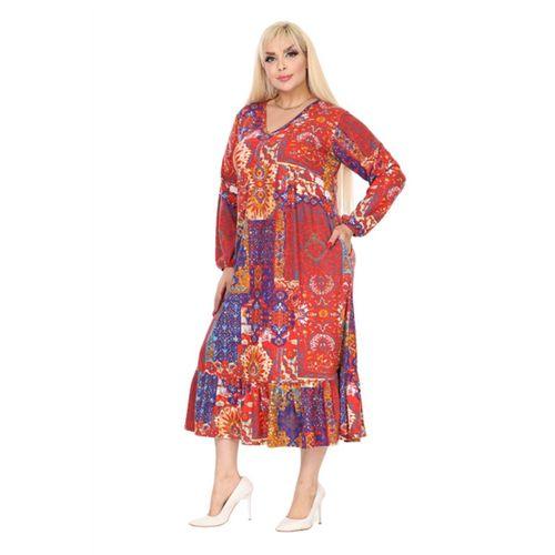 Melsay Butik Kışlık Robalı Yumoş Uzun Kollu Kırmızı Etnik Desen Elbise