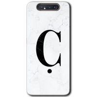 Potkal Hediye Fabrikası Samsung Galaxy A80 HD Baskılı Kılıf + 9D Tam Ekran Koruyucu - Beyaz Mermer Desenli Ç Harfi