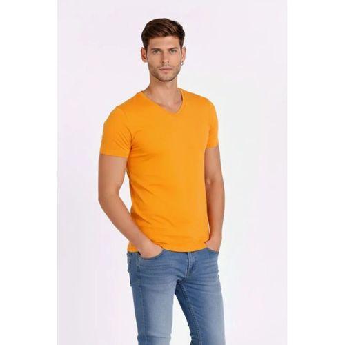 Erkek T-Shirt V Yaka Slim Fit Dar Kesim Likralı Tişört Günlük Basic Body - Sarı