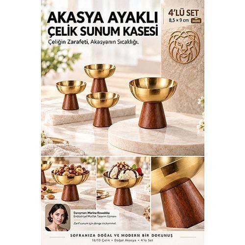 4 lü - MIDI - Akasya Ayaklı Çelik Dondurmalık Çerezlik Pasta Meyve Sunum Kasesi İkramlık Seti 18/10 304 Çelik 723772