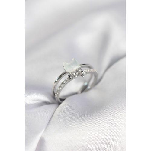 Gümüş Renk Sedefli Kedi Model Fiyonklu Zirkon Taşlı Kadın Yüzük