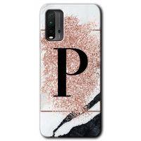 Poco M3 Kılıf HD Desen Baskılı Arka Kapak - Pembe Mermer Desenli P Harfi + Kırılmaz Cam