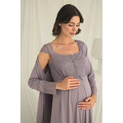 Dantelli Önü Düğmeli Hamile Lohusa Sabahlık Takımı