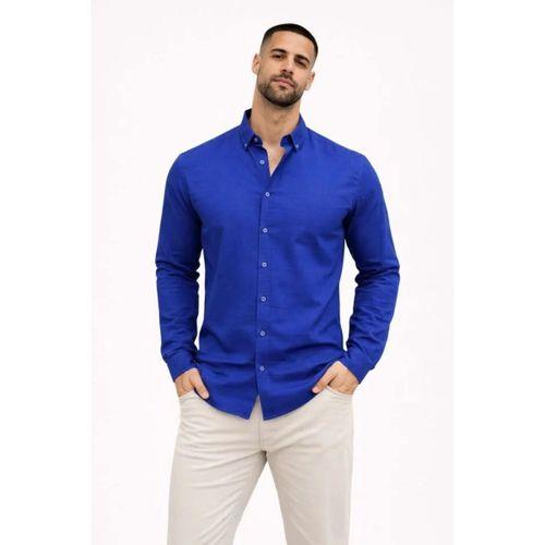 Erkek KETEN Kumaş Oversize Uzun Kollu Rahat Kalıp Gömlek - Saks Mavisi