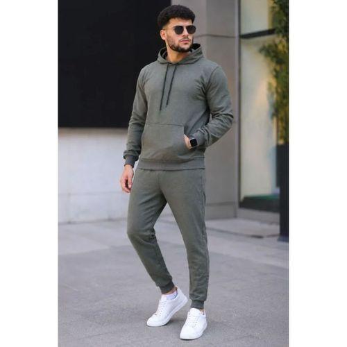 Erkek İki İplik Kapüşonlu Kanguru Cepli Sweatshirt Jogger Pantolon Alt Üst Eşofman Takımı - Haki