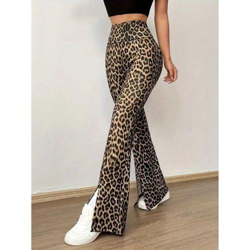 Kadın Yüksek Bel Leopar Desenli Yırtmaçlı Dalgıç Tayt