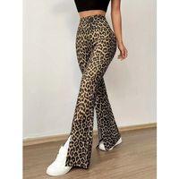 Kadın Yüksek Bel Leopar Desenli Yırtmaçlı Dalgıç Tayt