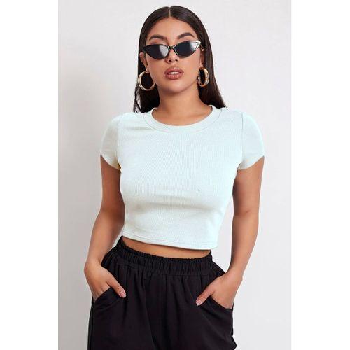 Kadın Beyaz Modern Fit Yuvarlak Yaka Crop Bluz