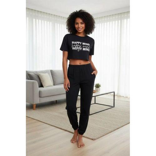Kadın Siyah Baskılı Crop T-shirt Pantolon Takım Rahat Günlük Spor Şık İkili Set