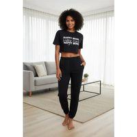 Kadın Siyah Baskılı Crop T-shirt Pantolon Takım Rahat Günlük Spor Şık İkili Set