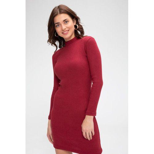 Kadın Bordo Kaşkorse Balıkçı Yaka Uzun Kollu Bodycon Mini Elbise