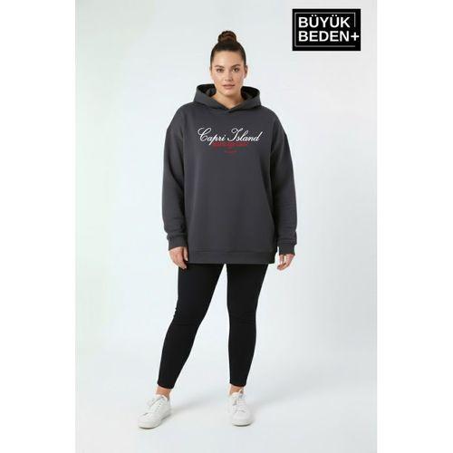 Kadın Büyük Beden Kapşonlu Capri Island Baskılı ince Swatshırt SPR26BSWK957-14