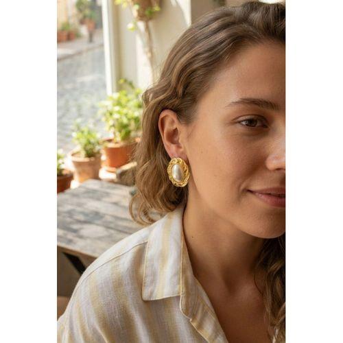 316L Gold Renk Gold Renk Vintage Beyaz İncili Model Küpe