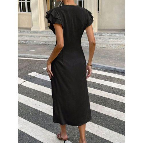 Kadın Kısa Kollu V Yakalı önden Düğmeli Bürümcük Midi Elbise