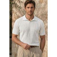 Nestor Saç Örgü Desenli Polo Yaka Regular Fit Örme İnce Triko Erkek T-Shirt - Ekru