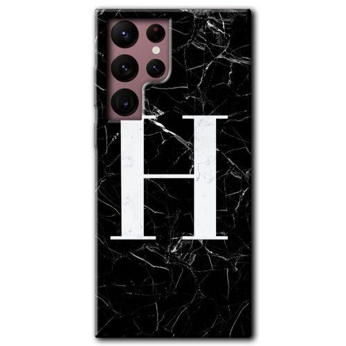 Samsung Galaxy S22 Ultra HD Baskılı Kılıf + 9D Tam Ekran Koruyucu - Siyah Mermer Desenli H Harfi