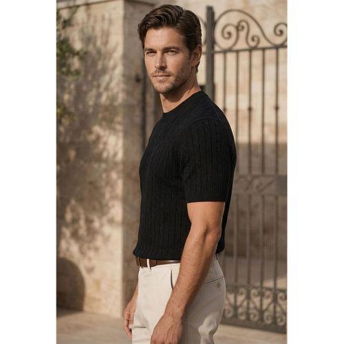 Walsh Saç Örgü Desenli Bisiklet Yaka İnce Triko Erkek T-Shirt - Siyah