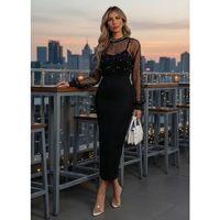 Kadın Uzun Kollu Halka Yaka Tül Inci Detaylı Uzun Ithal Krep Elbise