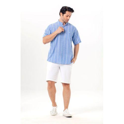 Kısa Kol Şile Bezi Tek Cepli Hakim Yaka Erkek Yazlık Tshirt Mavi Beyaz Çizgili 3019
