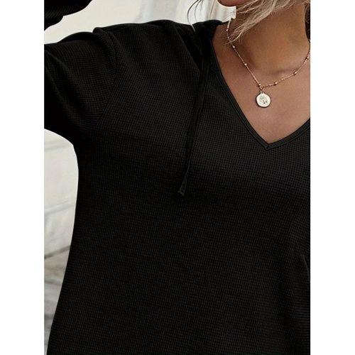 Kadın Uzun Kollu V Yakalı Kapşonlu Waffle Bluz