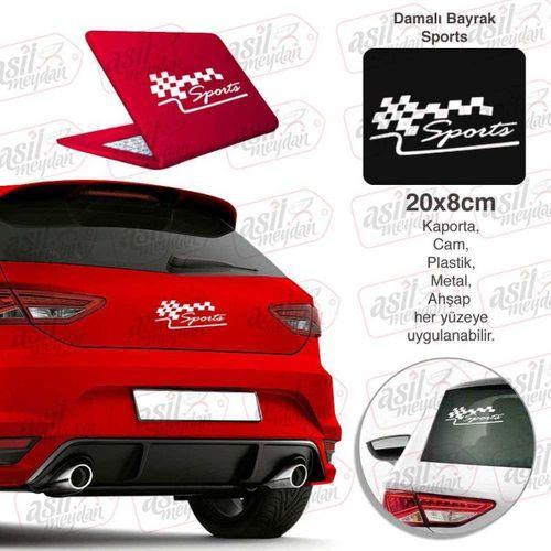 Sports Yazılı Damalı Bayrak Beyaz Sticker, Araba, Oto, Etiket, Tuning, Aksesuar, Modifiye, Arma,