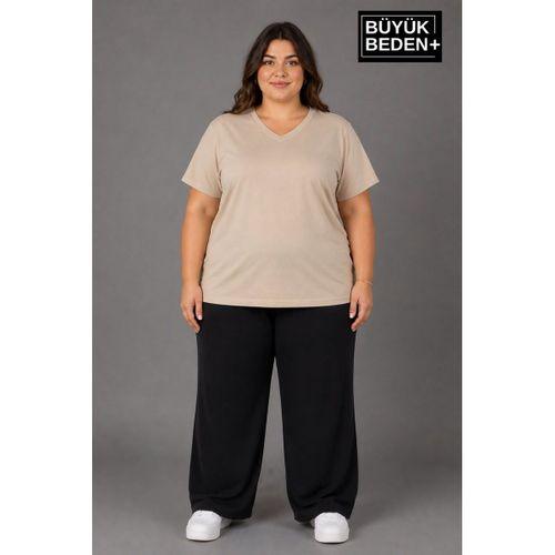 Süperlife Büyük Beden Kadın V Yaka Pamuklu Basic Tişört Lacivert 3XL-6XL SPR26BTSK509