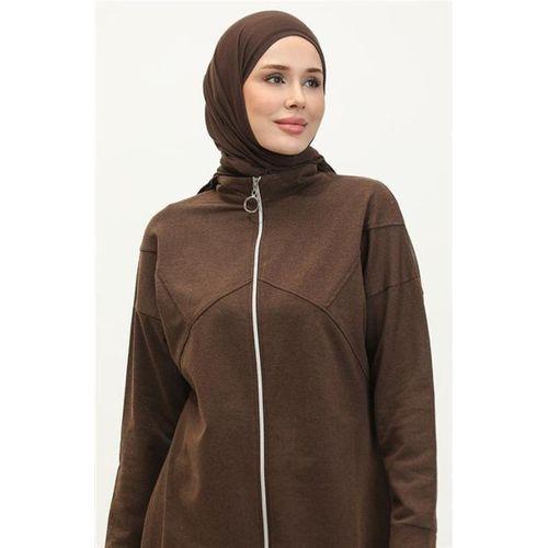 Göğüsten Detaylı Fermuarlı Sade Basic Eşofman Spor İkili Takım - 03063.028 - Kahverengi