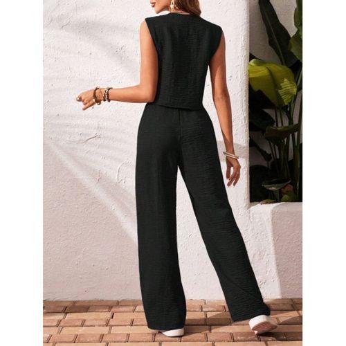 Kadın Sıfır Kollu Düğmeli Yelek Ve Pantolon Bürümcük Ikili Takım