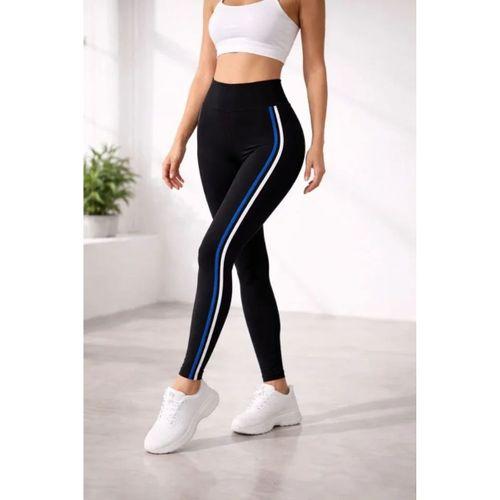 Likralı Yan Beyaz Mavi Şeritli Detaylı Tayt - Siyah