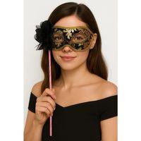 Lüks Taşlı Saplı Maskeli Balo Maskesi Siyah Renk 35 cm (3748)