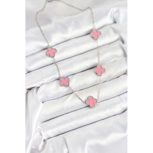 316L Çelik Zincir Gümüş Pembe Renk Yonca Kadın Kolye