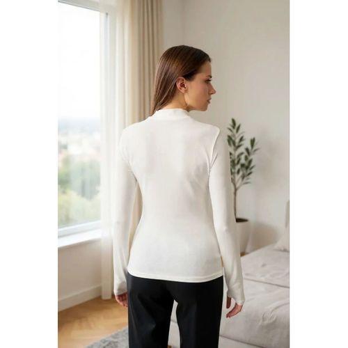 Kadın Beyaz Parmak Geçmeli Uzun Kollu Body Esnek Fit Bluz