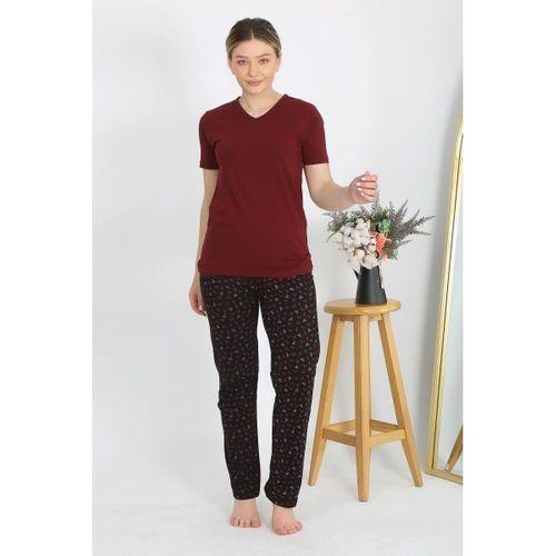 Kadın Kısa Kol Pamuk Penye Pijama Takım Bordo