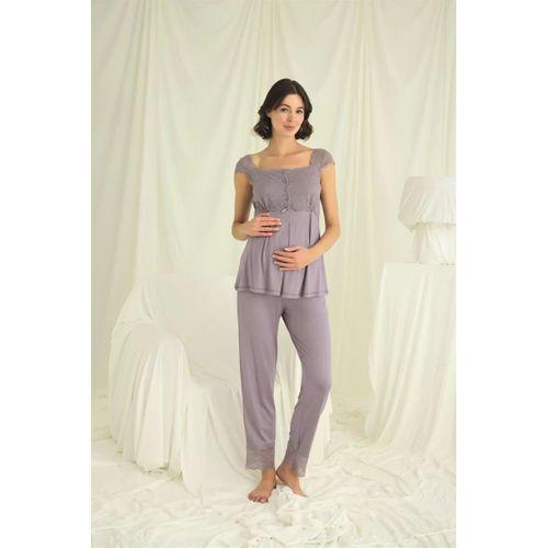 Dantelli Önü Düğmeli Hamile Lohusa 3'lü Pijama Takımı
