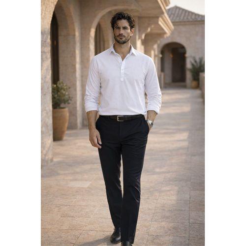 Yarım Pat Yakalı York Pamuk Kumaşlı Uzun Kollu Erkek Gömlek - Beyaz