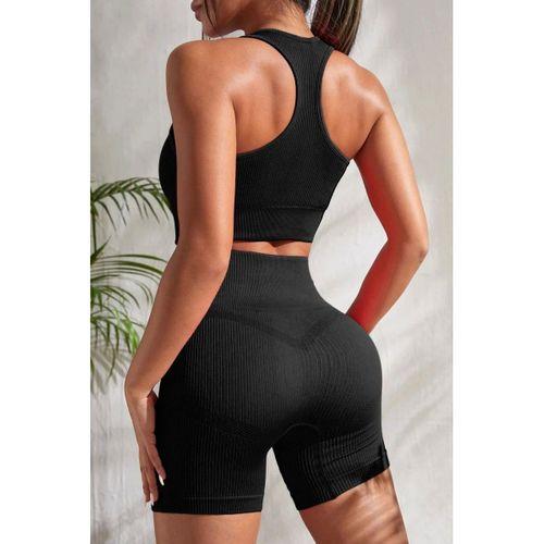 Kadın Siyah Fit Görünümlü Yüksek Bel Spor Crop Top Şort Takımı