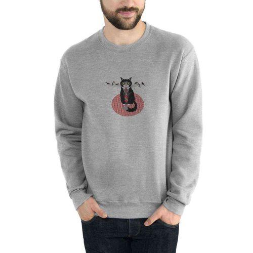 Kuşlar Ile Kravat Huysuz Kedi Grumpy Baskılı Gri Erkek Sweatshirt
