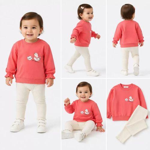 6/24 Ay Kuş Baskılı Taytlı Penye Bebek Takımı