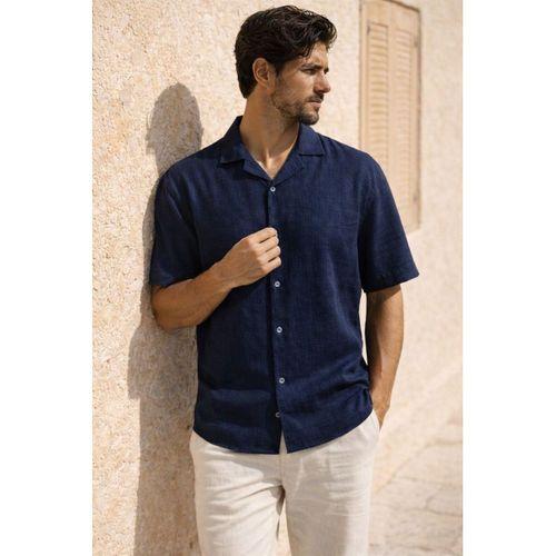 Doris Oversize Kalıp Odessa Kumaş Resort Yaka Kısa Kollu Erkek Gömlek - Lacivert