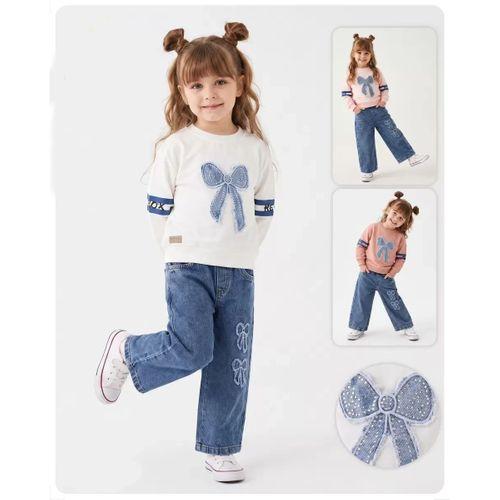 3/6 Yaş Taşlı Fiyonk Nakışlı Sweatli Kot Pantolonlu Çocuk Takımı