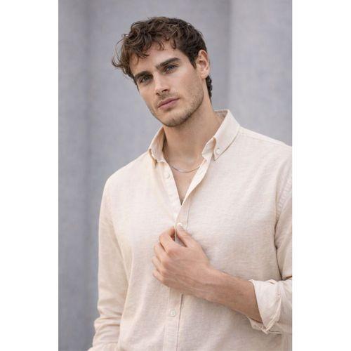 Scott – Soft Dokulu Yarım Oversize Modern Keten Görünümlü Erkek Gömlek - Bej