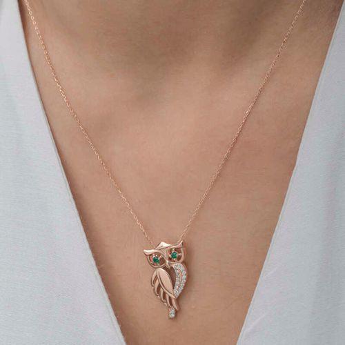 Gümüş Rose Yeşil Gözlü Baykuş Kadın Kolye