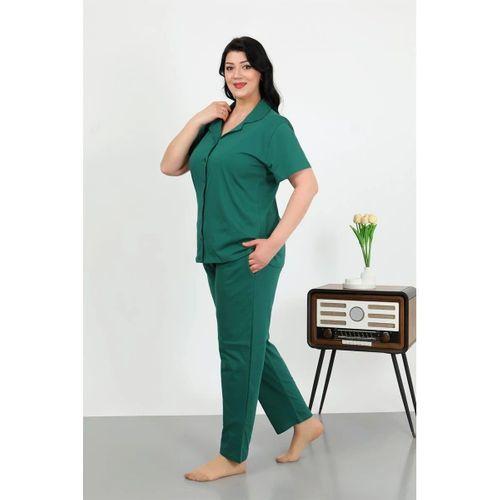 Kadın Büyük Beden Pamuklu Cepli Düğmeli Zümrütyeşili Pijama Takım