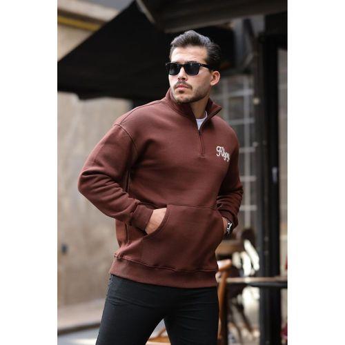 Cozy Kanguru Nakışlı Şardonlu Yarım Fermuar Sweatshirt - Kahve