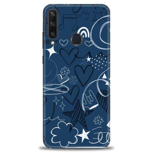 Huawei Y6P Kılıf HD Baskılı Kılıf - Notalar ve Kalpler Mavi + Tam Ekran Koruyucu